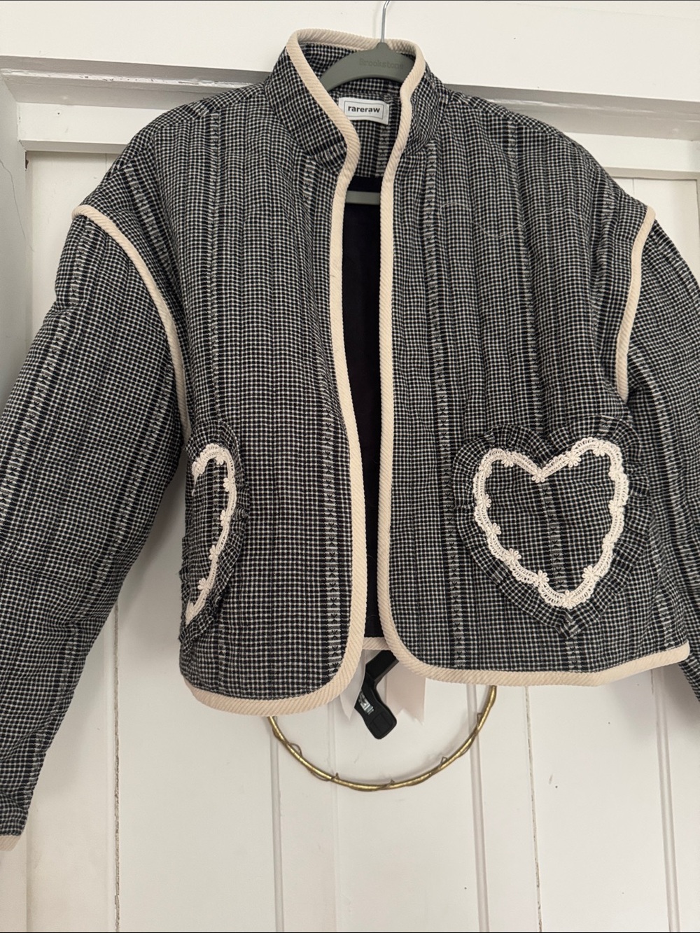 & Other Stories Black Checked Quilted Bomber Jacket with Cream Trim